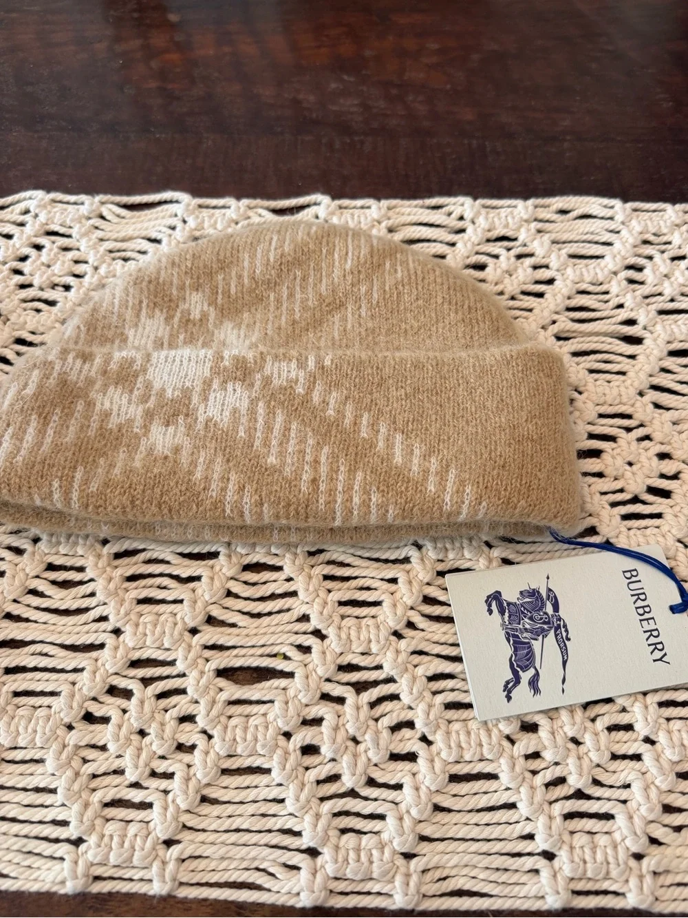 Burberry Mohair and Wool Check Beanie in Sand - One size - New with Tags